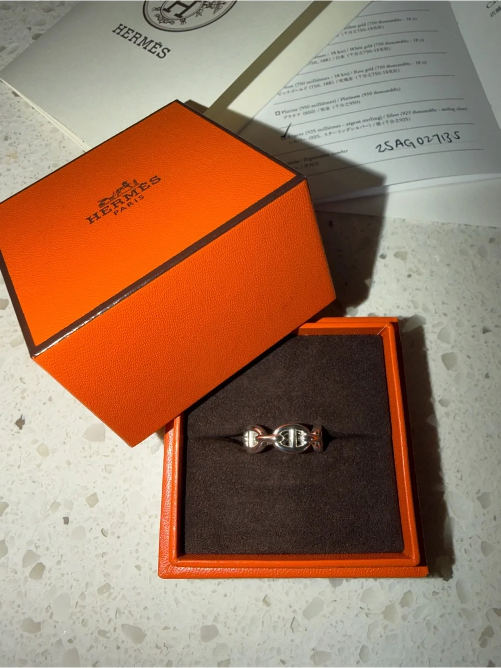 Hermes Silver Chaîne d'Ancre Ring with Orange Box